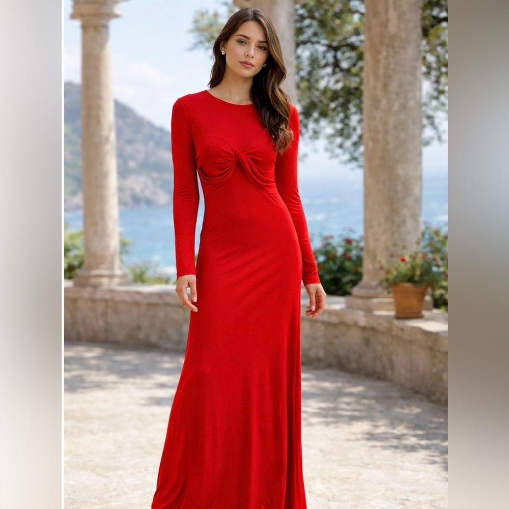 🔥Farm Rio Red Knot Front Maxi Dress Long Sleeve Bodycon Elegant ~ L